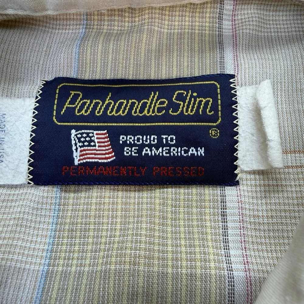 Vtg Panhandle Slim Men M Western Snap-Front Shirt Tan Olive Plaid 15 34 USA 70's